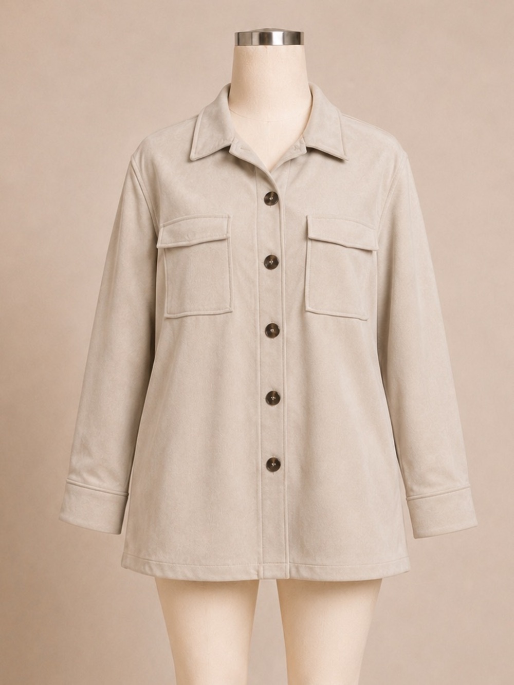 Purple Grass Faux Suede Shacket Womens Medium Taupe Button Front Jacket